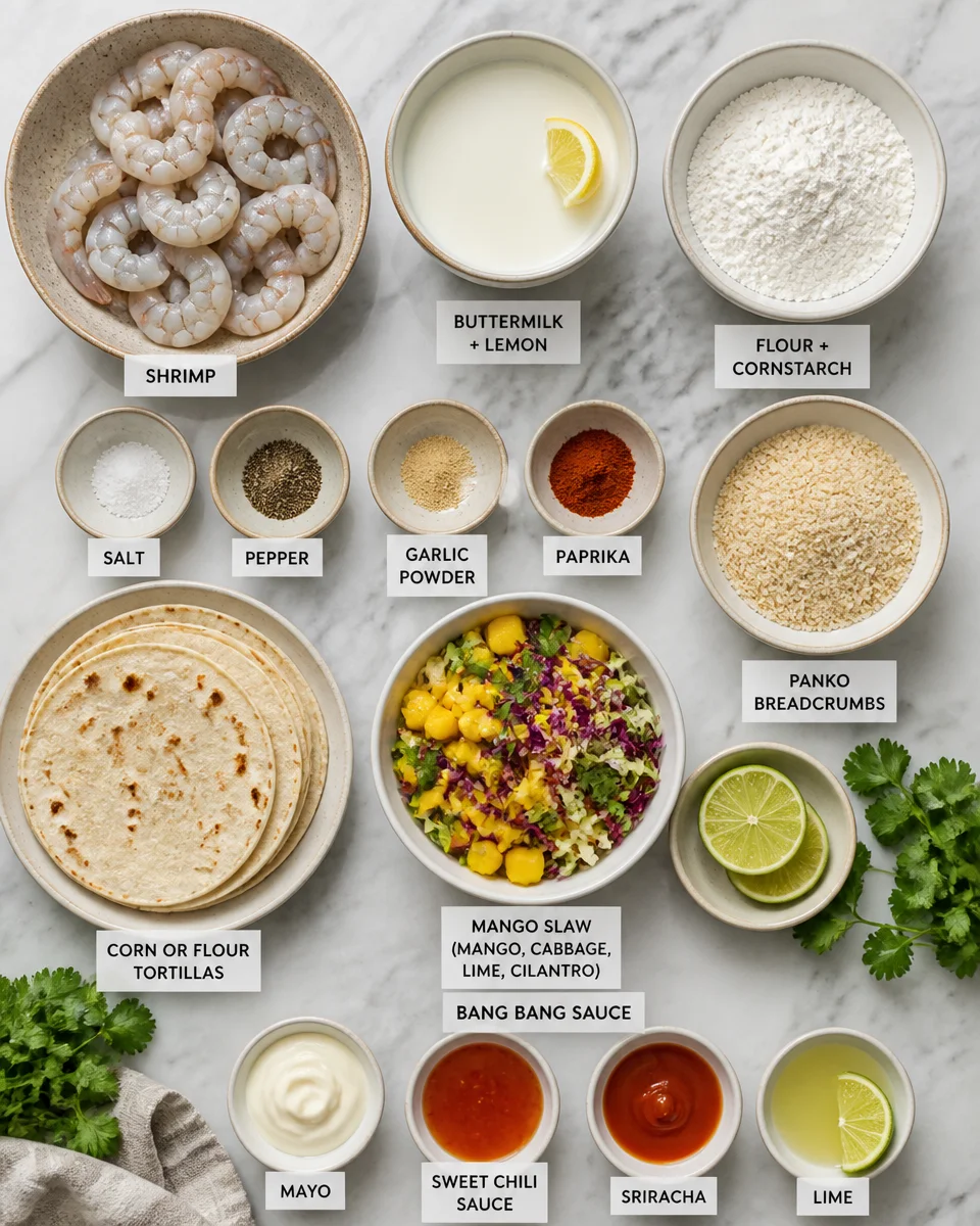 Bang Bang Shrimp Tacos with Mango Slaw