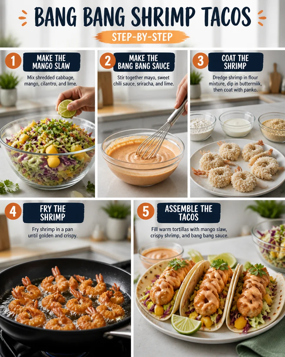 Bang Bang Shrimp Tacos with Mango Slaw
