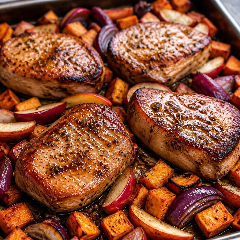 BBQ Pork Chops Sheet Pan with Sweet Potatoes and Roasted Vegetables