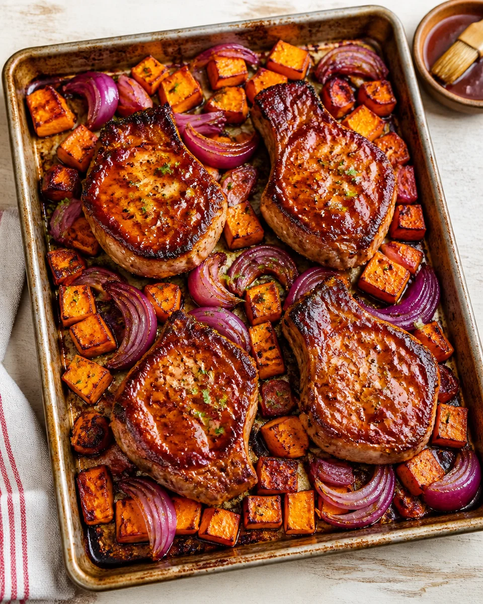 BBQ Pork Chops Sheet Pan with Sweet Potatoes
