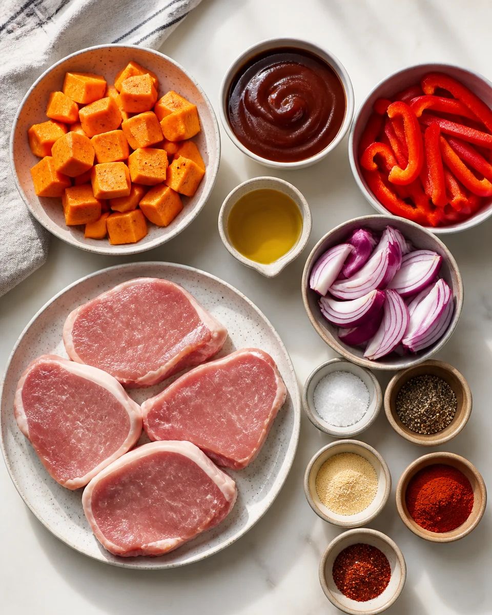 BBQ Pork Chops Sheet Pan with Sweet Potatoes