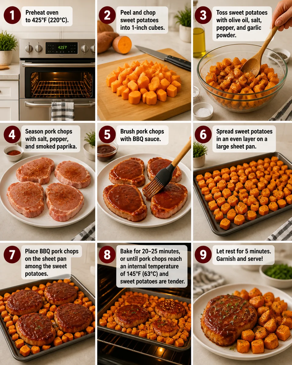 BBQ Pork Chops Sheet Pan with Sweet Potatoes