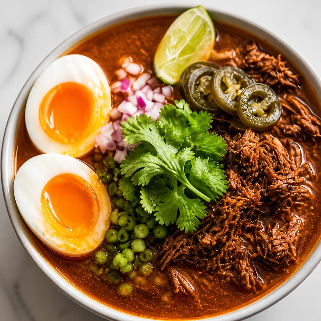 Bowl of Birria Ramen featuring beef, noodles, and savory broth.