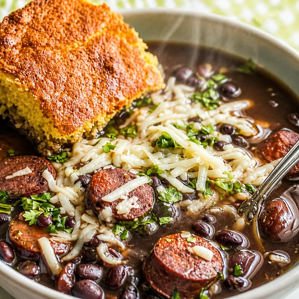 Bowl of hearty Black Bean and Chorizo Soup garnished with avocado and lime.