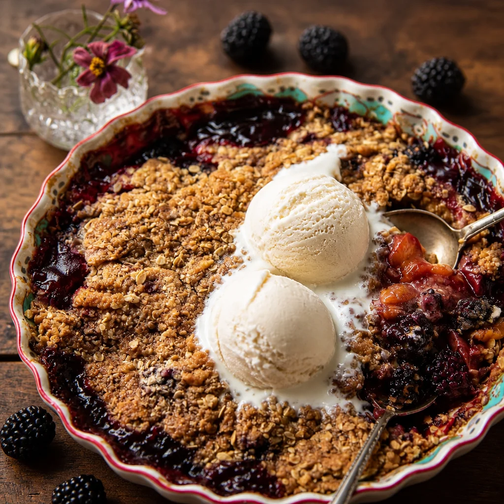 Delicious Blackberry Peach Cobbler with Brown Sugar topped with golden biscuit crust.