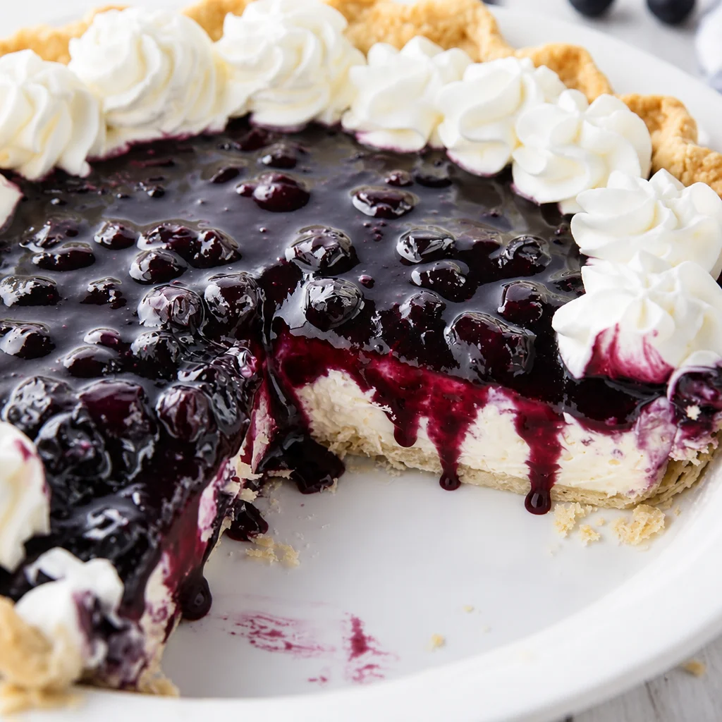 Delicious Blueberry Cream Cheese Pie with graham cracker crust and blueberry topping