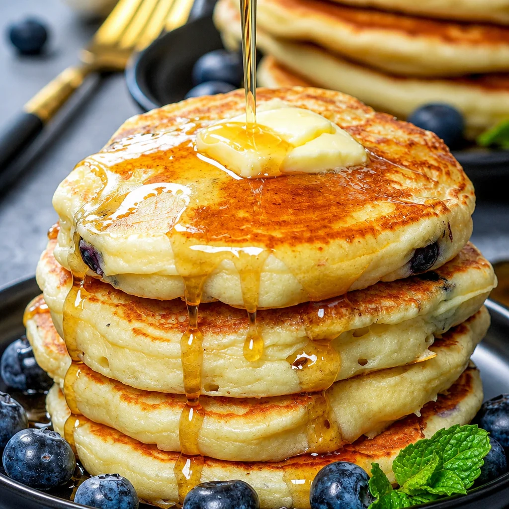 Blueberry Lemon Ricotta Pancakes drizzled with syrup and topped with fresh blueberries.