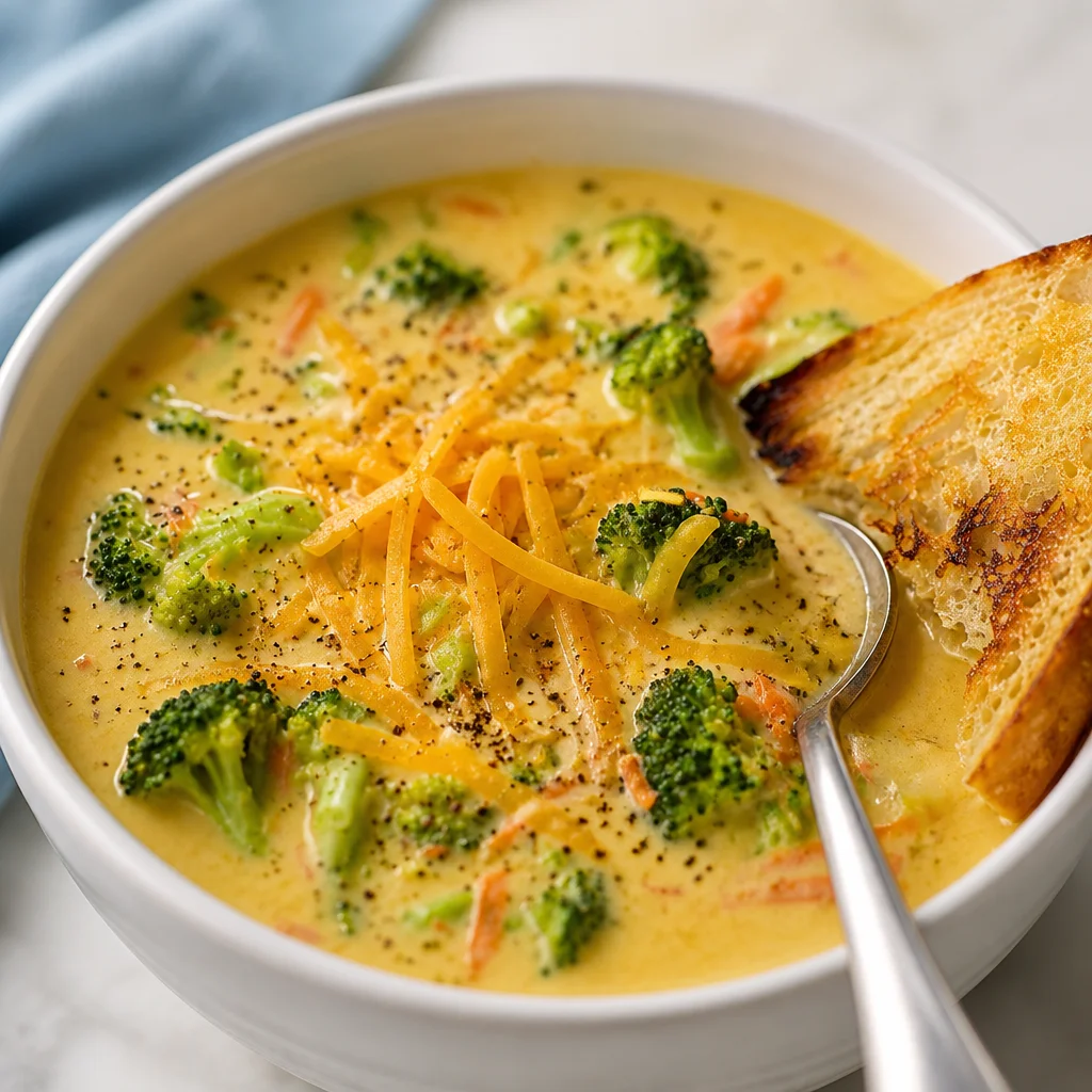 Bowl of creamy broccoli cheddar soup with fresh broccoli and cheese topping.