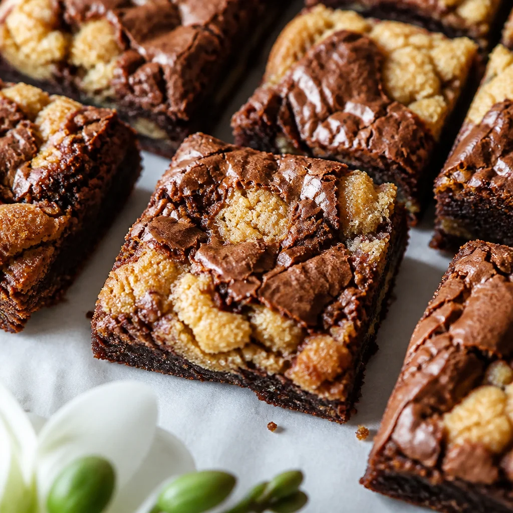 Decadent Brookie Bars with a brownie base and chocolate chip cookie dough topping.