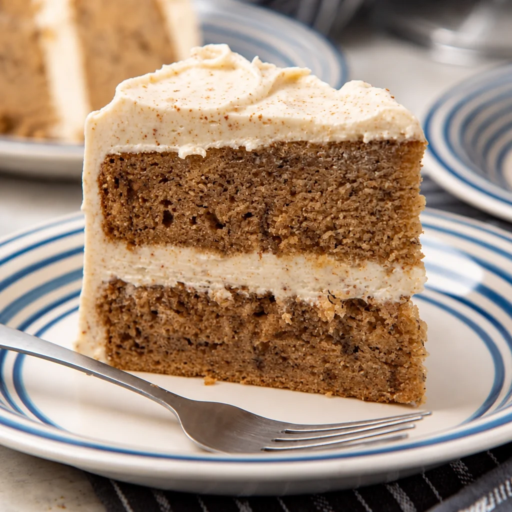 Brown Butter Banana Layer Cake with Cream Cheese Frosting on a plate
