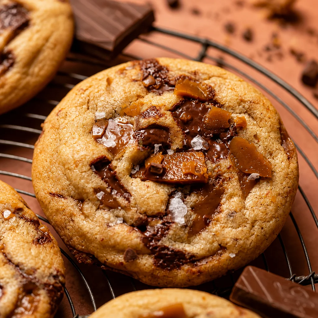 Deliciously chewy Brown Butter Toffee Chocolate Chip Cookies with toffee pieces and crispy edges.