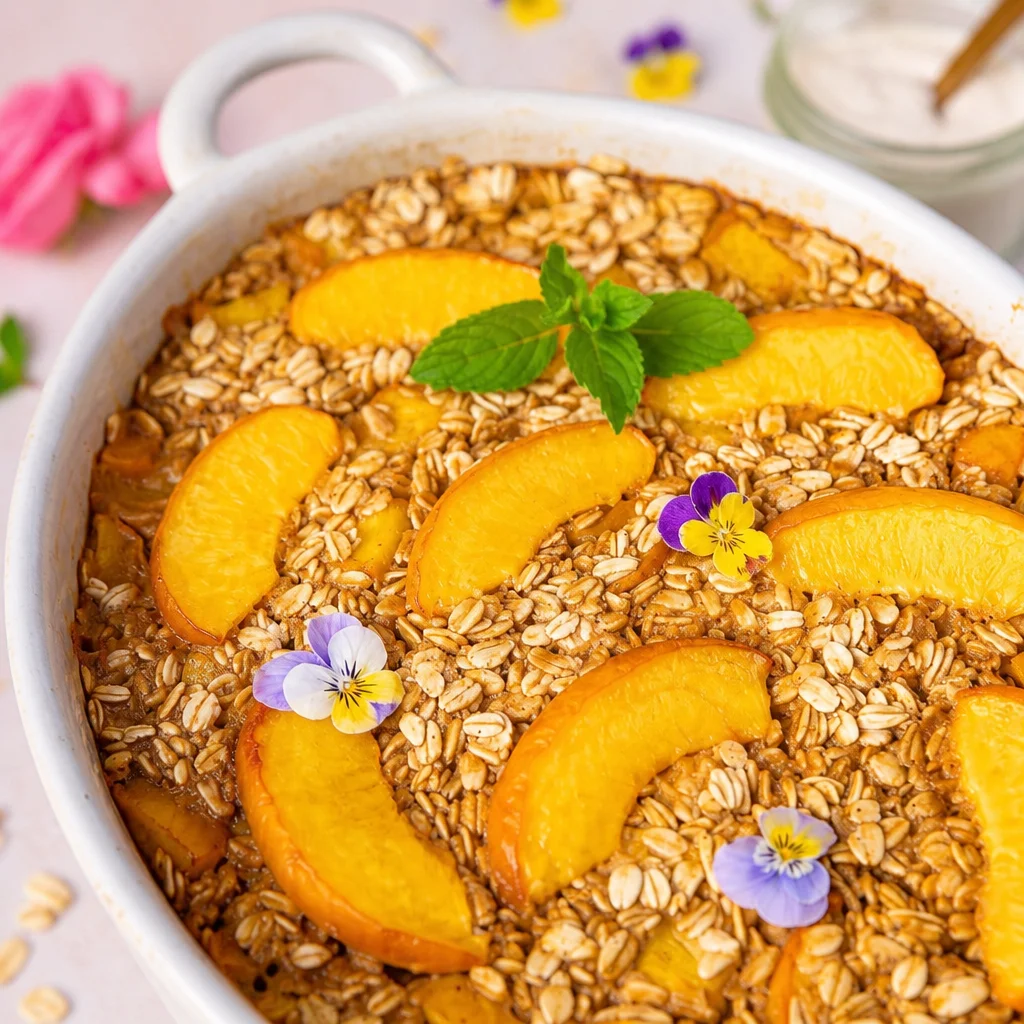 Delicious Brown Sugar Peach Baked Oatmeal with fresh peaches and oats in a baking dish.
