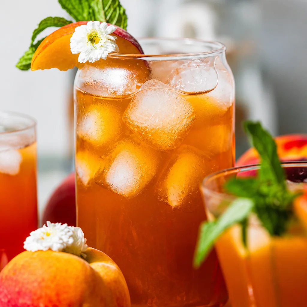 Refreshing Brown Sugar Peach Sweet Tea with peach slices and mint leaves