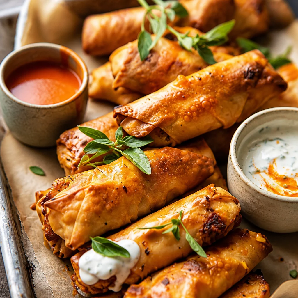 Delicious Buffalo Chicken Egg Rolls filled with shredded chicken and blue cheese.