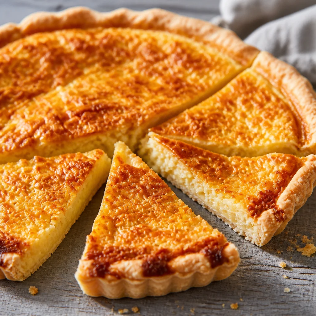 Slice of Buttermilk Chess Pie with buttery crust and creamy filling.