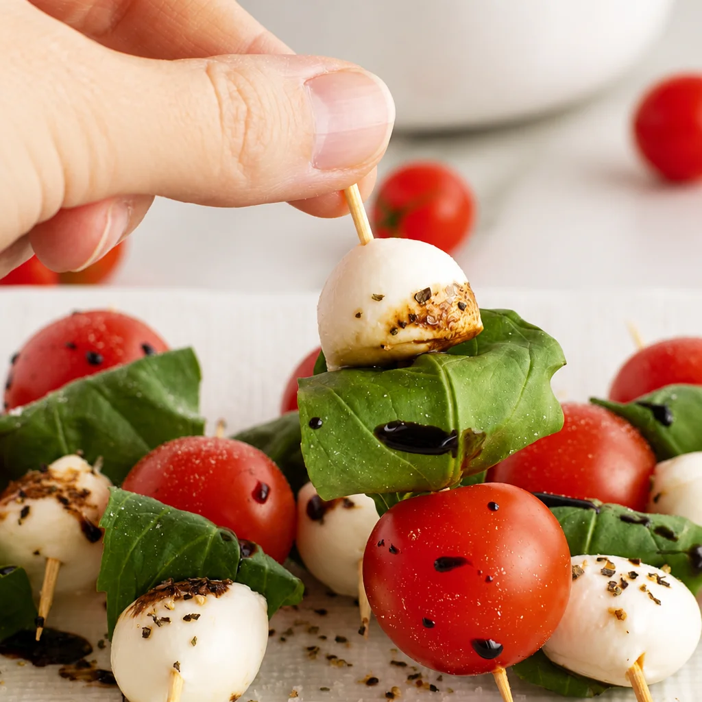 Delicious Caprese Skewers with Balsamic Drizzle featuring cherry tomatoes, mozzarella, and basil.