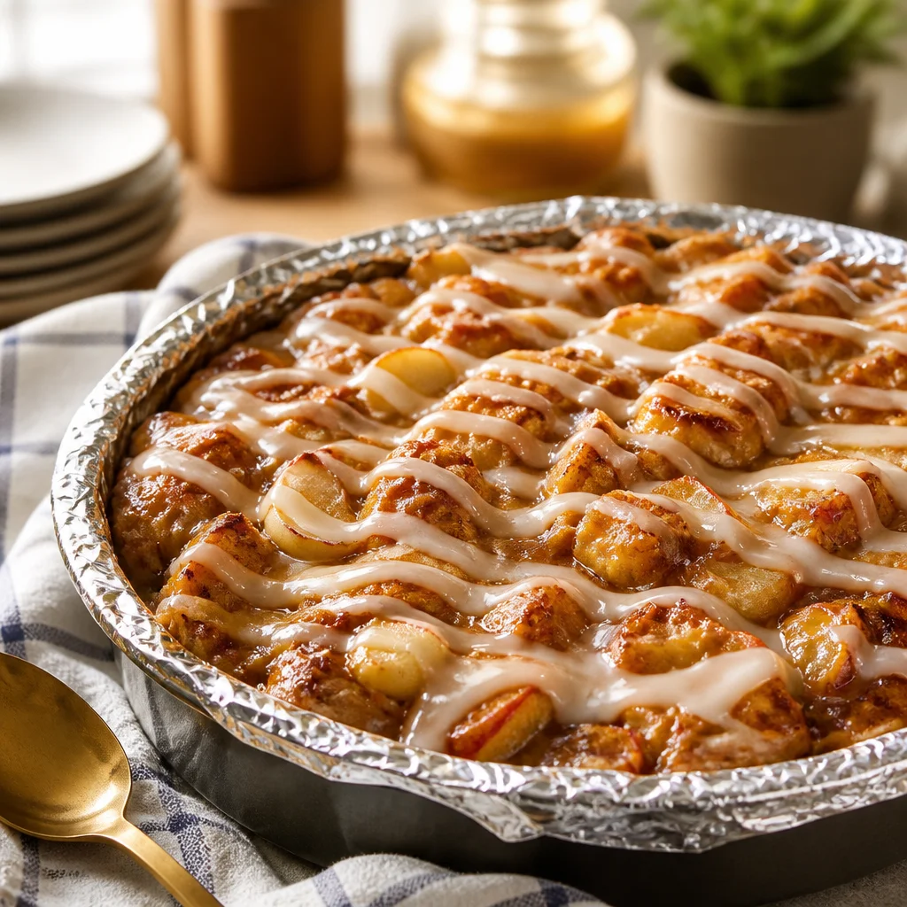 Delicious Caramel Apple Cinnamon Roll Casserole topped with caramel and apples.