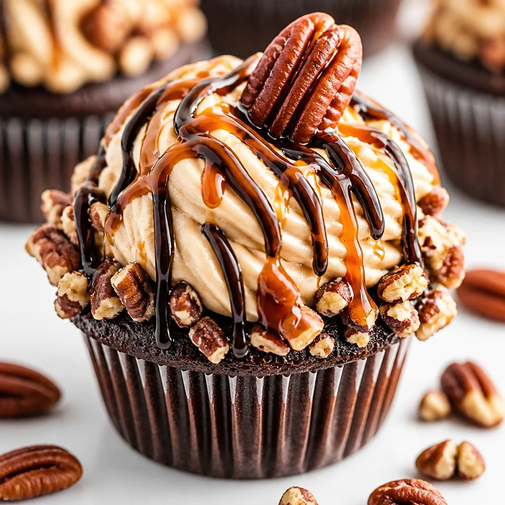 Caramel Pecan Heaven Cupcakes topped with caramel frosting and pecans