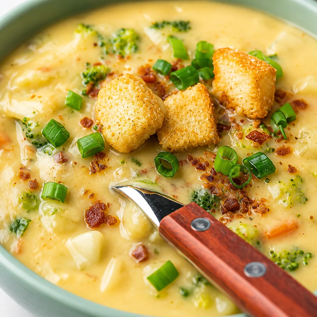 Delicious bowl of Cheddar Ale Soup topped with crunchy pretzel croutons