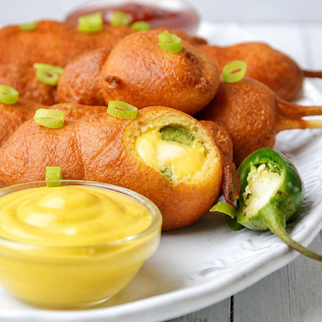 Crunchy Cheddar Jalapeño Corn Dog Bites served as a delicious game day snack.