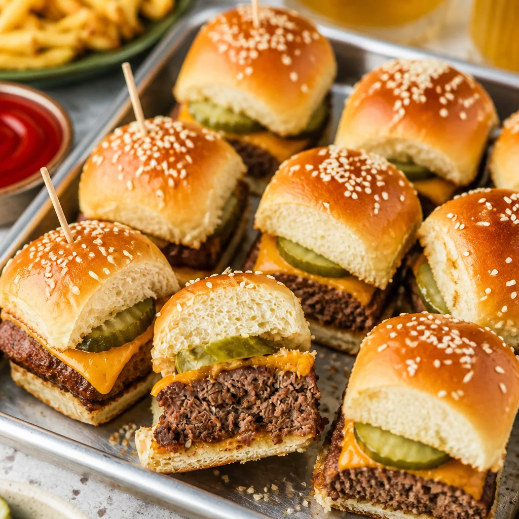 Delicious cheeseburger sliders on Hawaiian rolls served with melted cheese and pickles