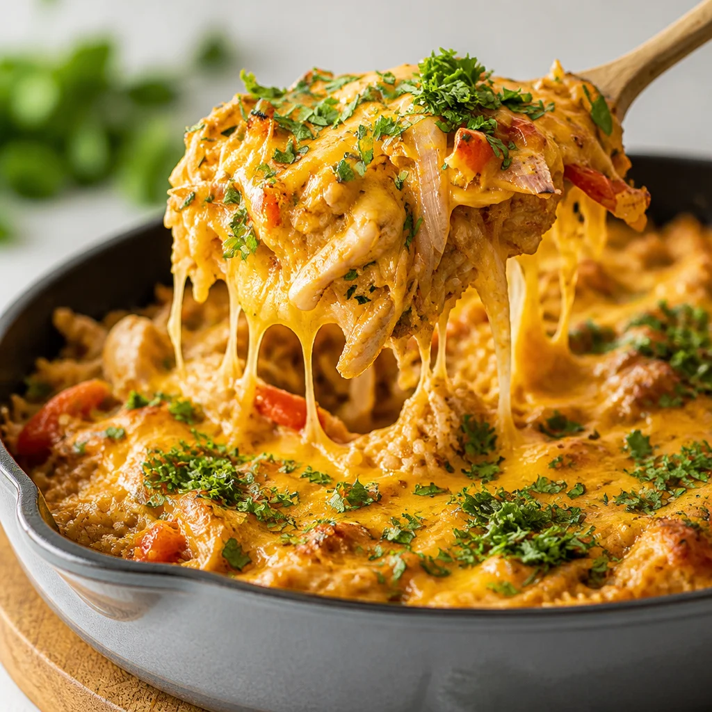 Delicious Cheesy Chicken Fajita Rice Casserole with melted cheese and colorful veggies.