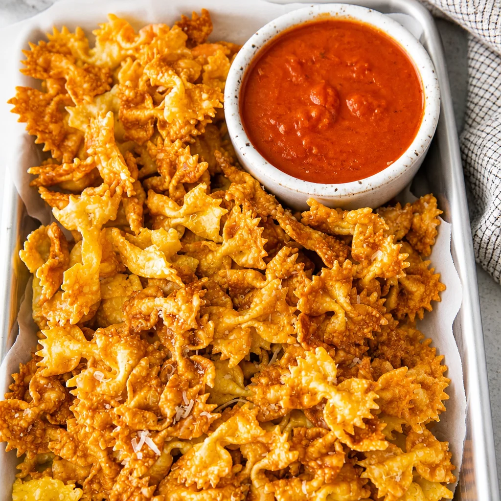 Delicious Cheesy Garlic Pasta Chips, crispy snack made with garlic and Parmesan.