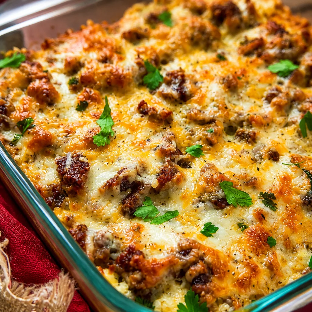 Cheesy Sausage Hash Brown Breakfast Bake in a casserole dish with fresh ingredients.