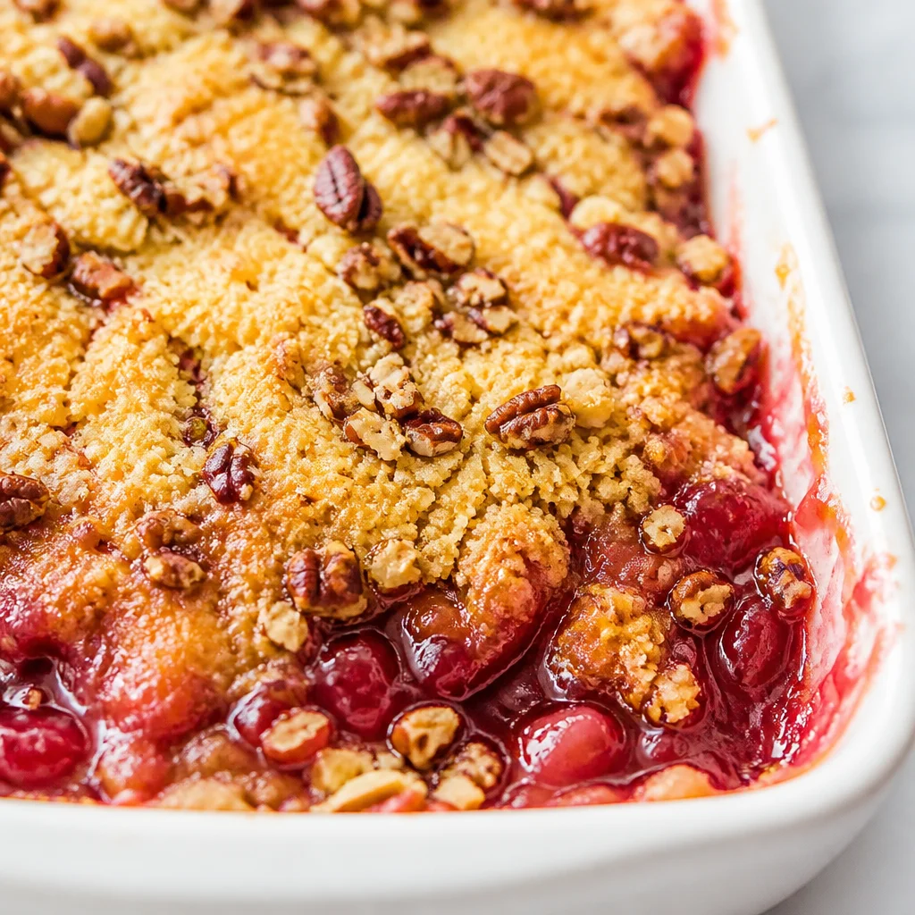 Delicious Cherry Pineapple Dump Cake topped with a golden cake layer and fruit filling.