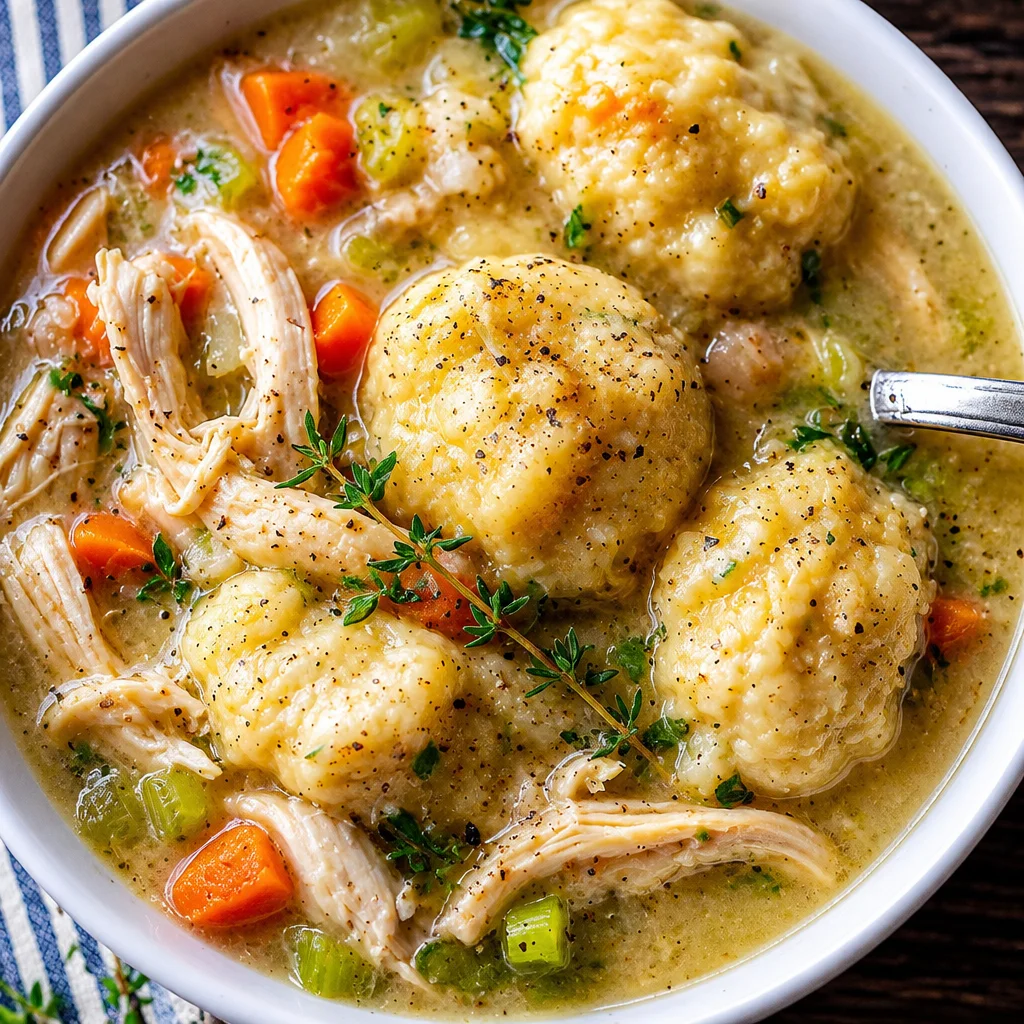 Bowl of homemade Chicken and Dumpling Soup from Scratch with fresh veggies and dumplings.