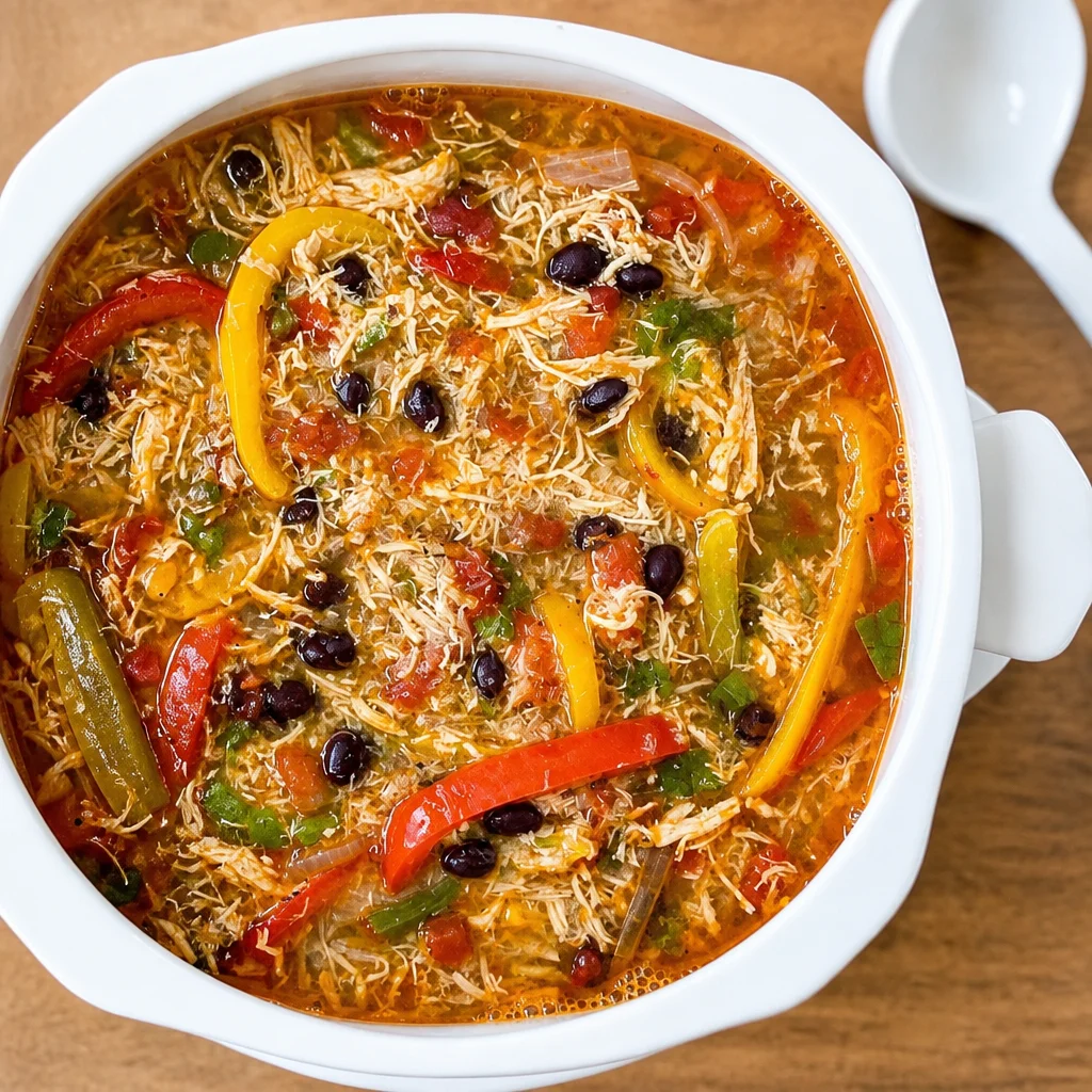Bowl of Chicken Fajita Soup loaded with chicken, peppers, and beans in flavorful broth.