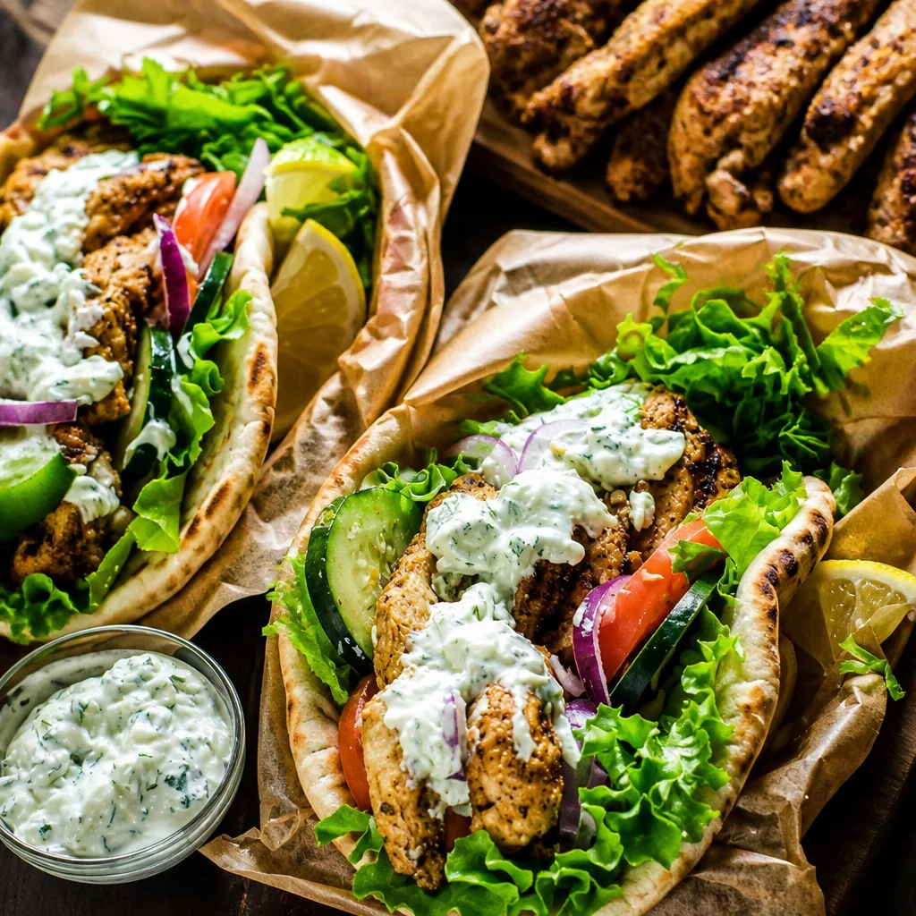 Delicious Chicken Gyro with Tzatziki Sauce and fresh toppings on pita bread.