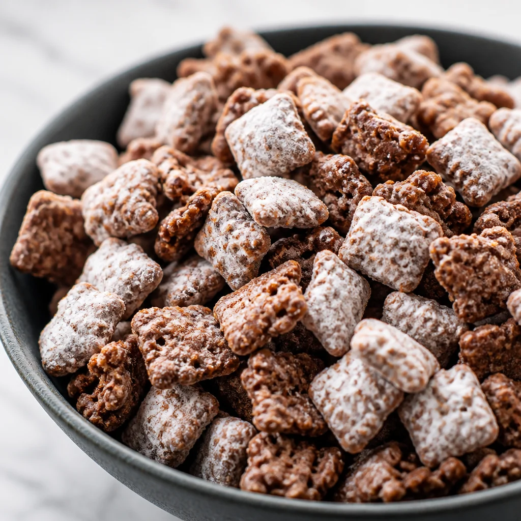 Delicious Chocolate Peanut Butter Puppy Chow snack mix with powdered sugar coating