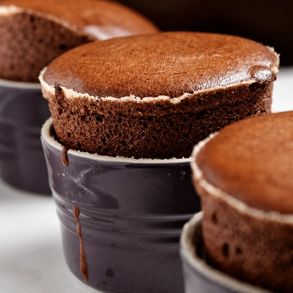 Delicious chocolate soufflé served in ramekins, highlighting its airy texture and rich flavor.