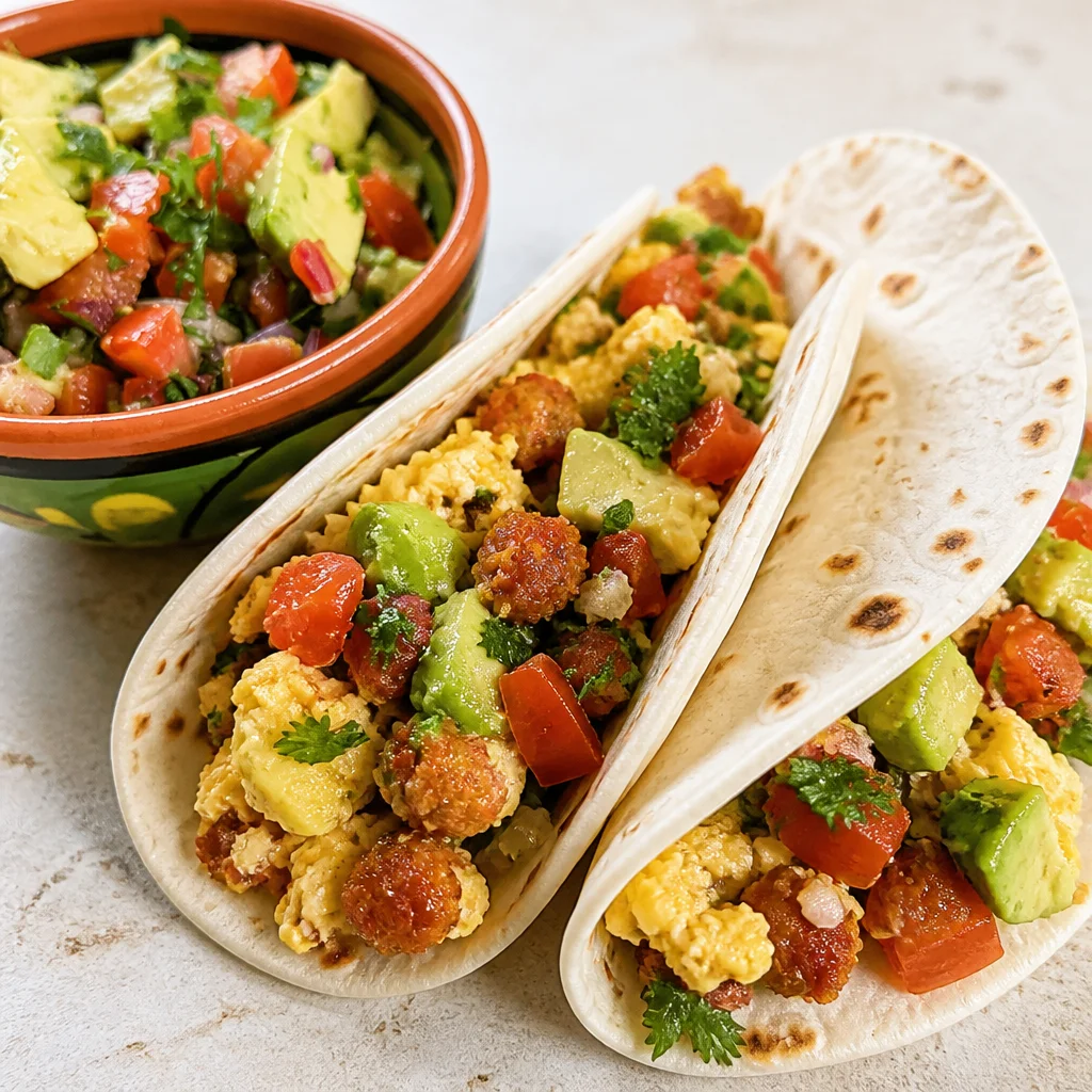 Chorizo and egg breakfast tacos topped with avocado and pico de gallo in a tortilla.