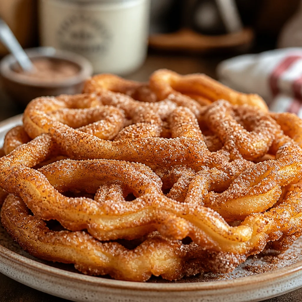Delicious Churro Funnel Cake topped with cinnamon sugar and ice cream