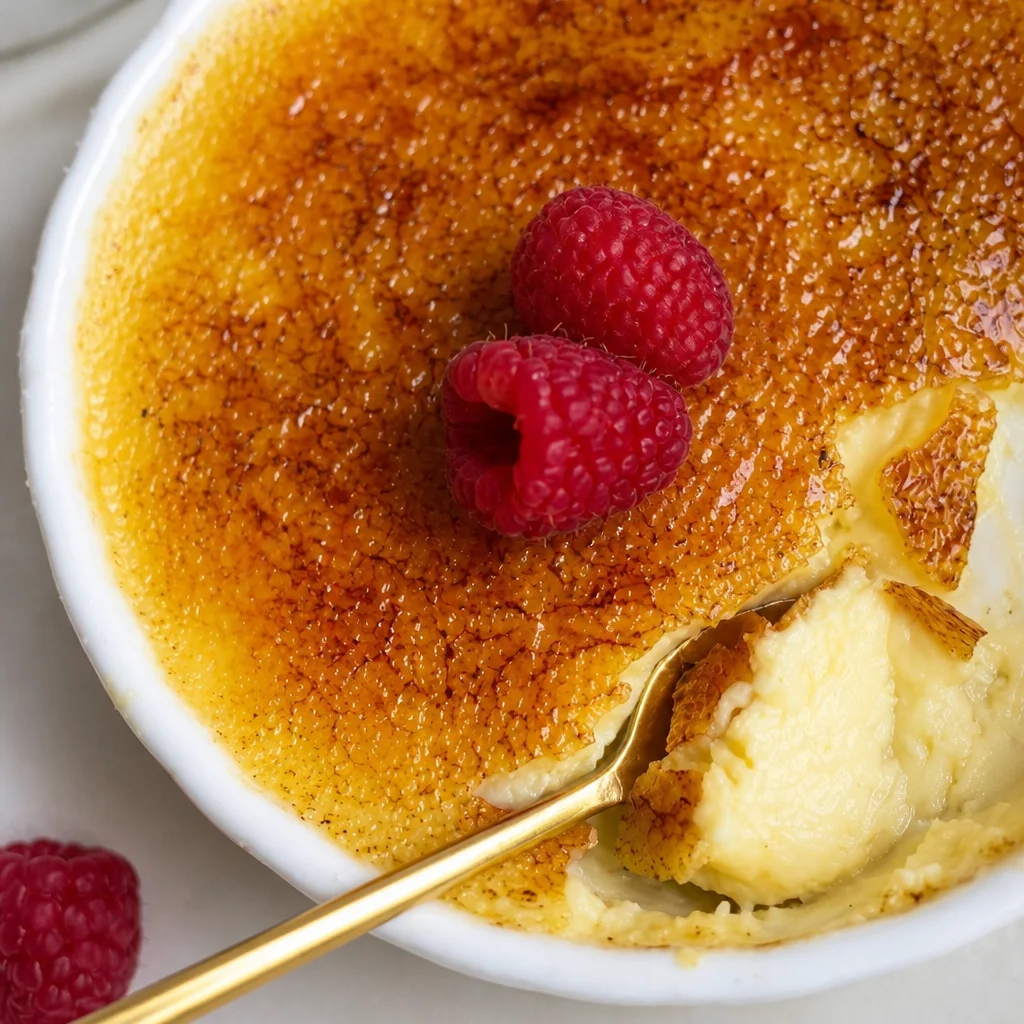 Classic Creme Brulee dessert featuring a creamy custard topped with caramelized sugar.