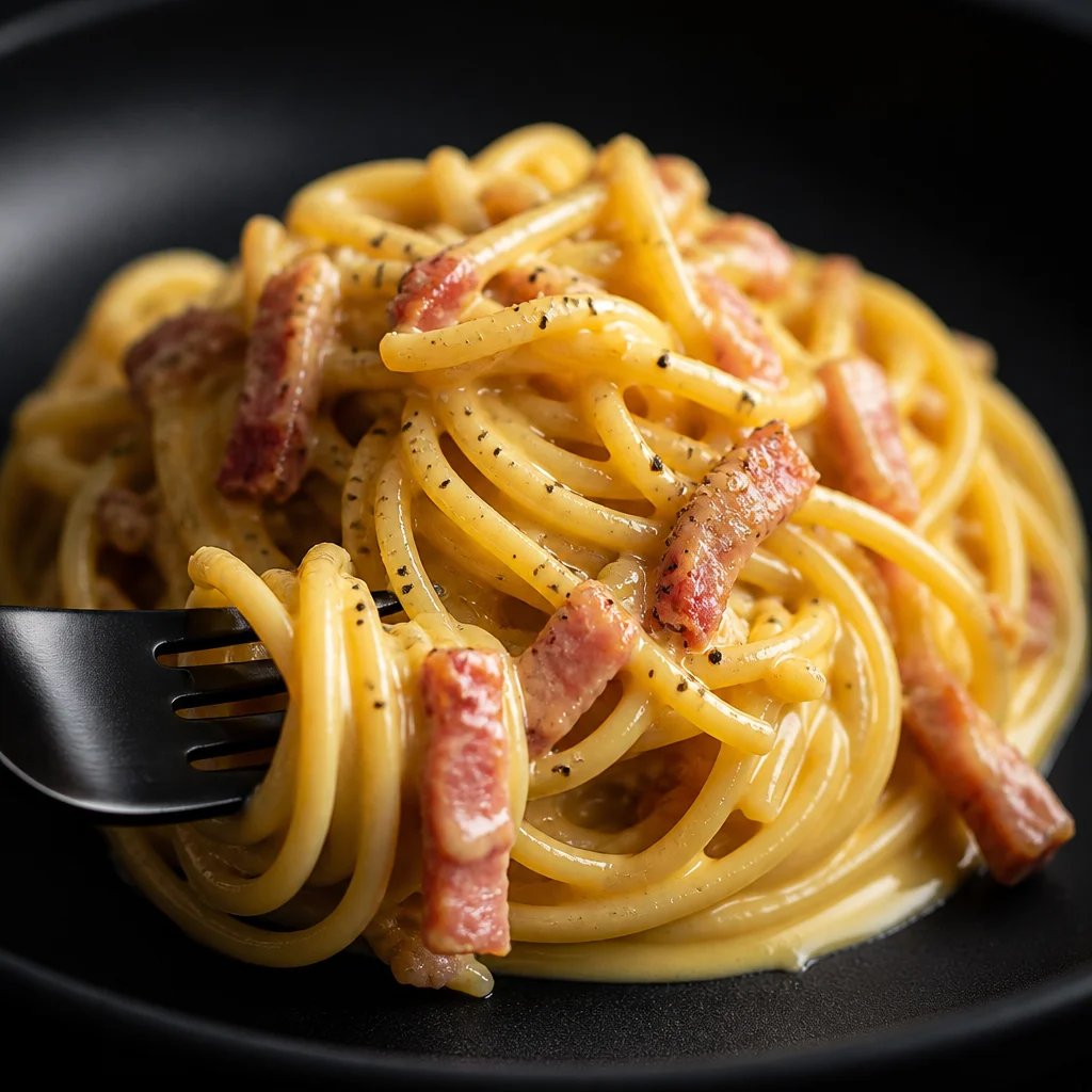Classic Spaghetti Carbonara with guanciale, eggs, cheese, and black pepper served in a bowl.