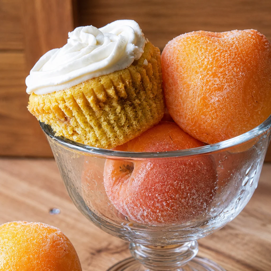 Delicious Coconut Peach Heaven Cupcakes with coconut buttercream frosting.