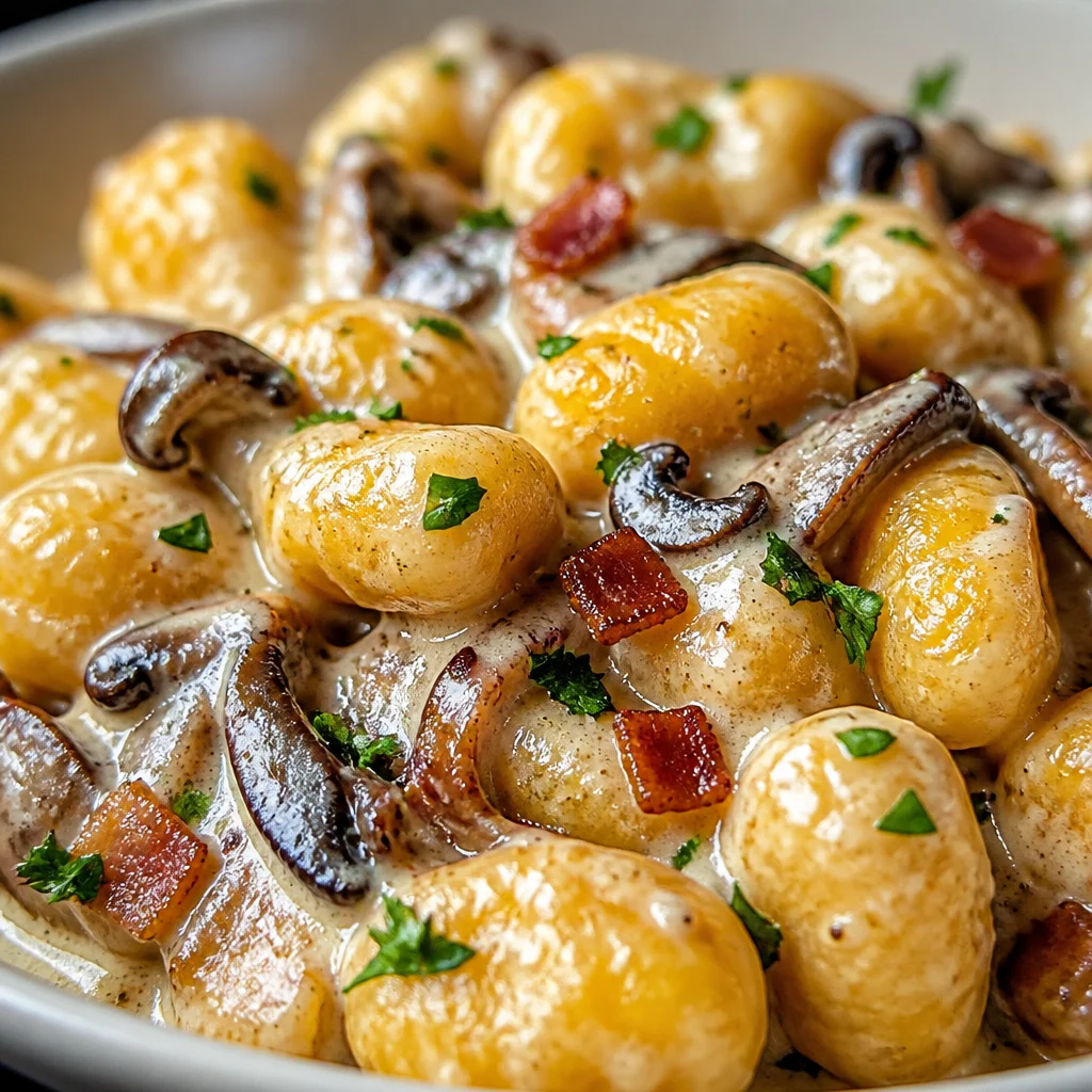 Skillet filled with creamy bacon gnocchi garnished with spinach and herbs.