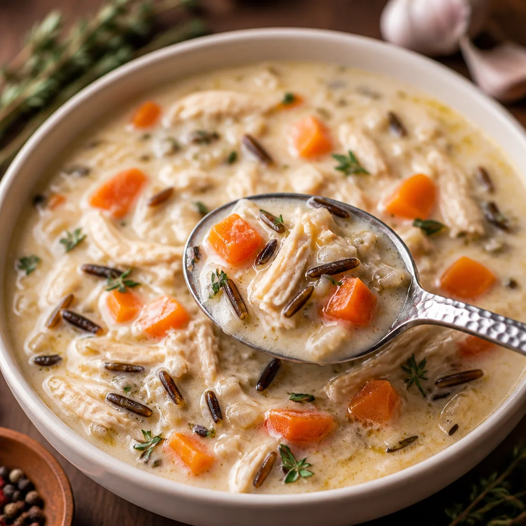 Creamy Chicken and Wild Rice Soup made with fresh vegetables and spices.