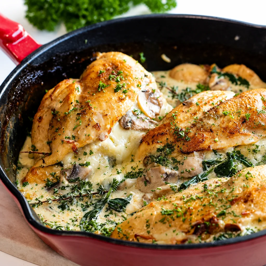Creamy Mushroom and Spinach Stuffed Chicken on a plate garnished with herbs.