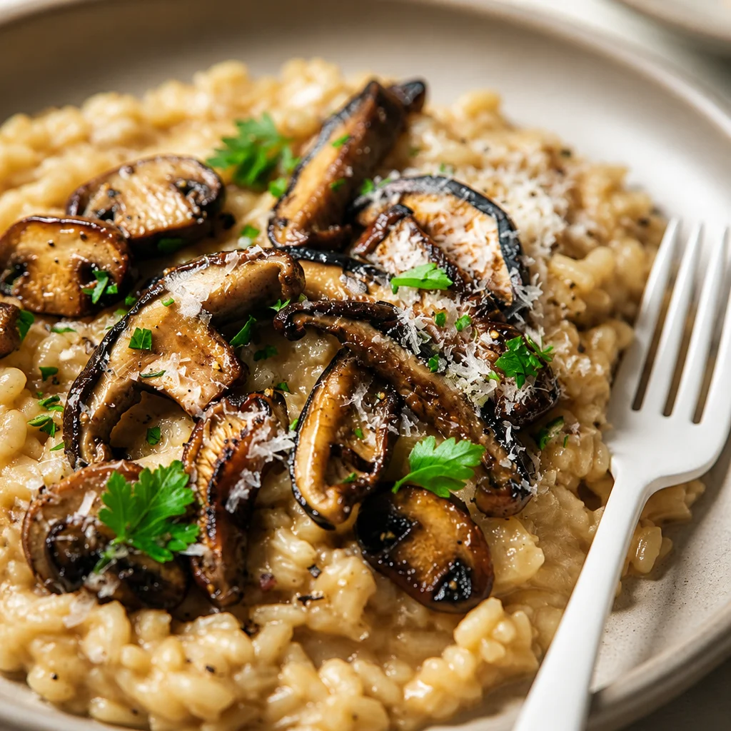 Delicious creamy mushroom risotto with garlic butter mushrooms on a rustic plate