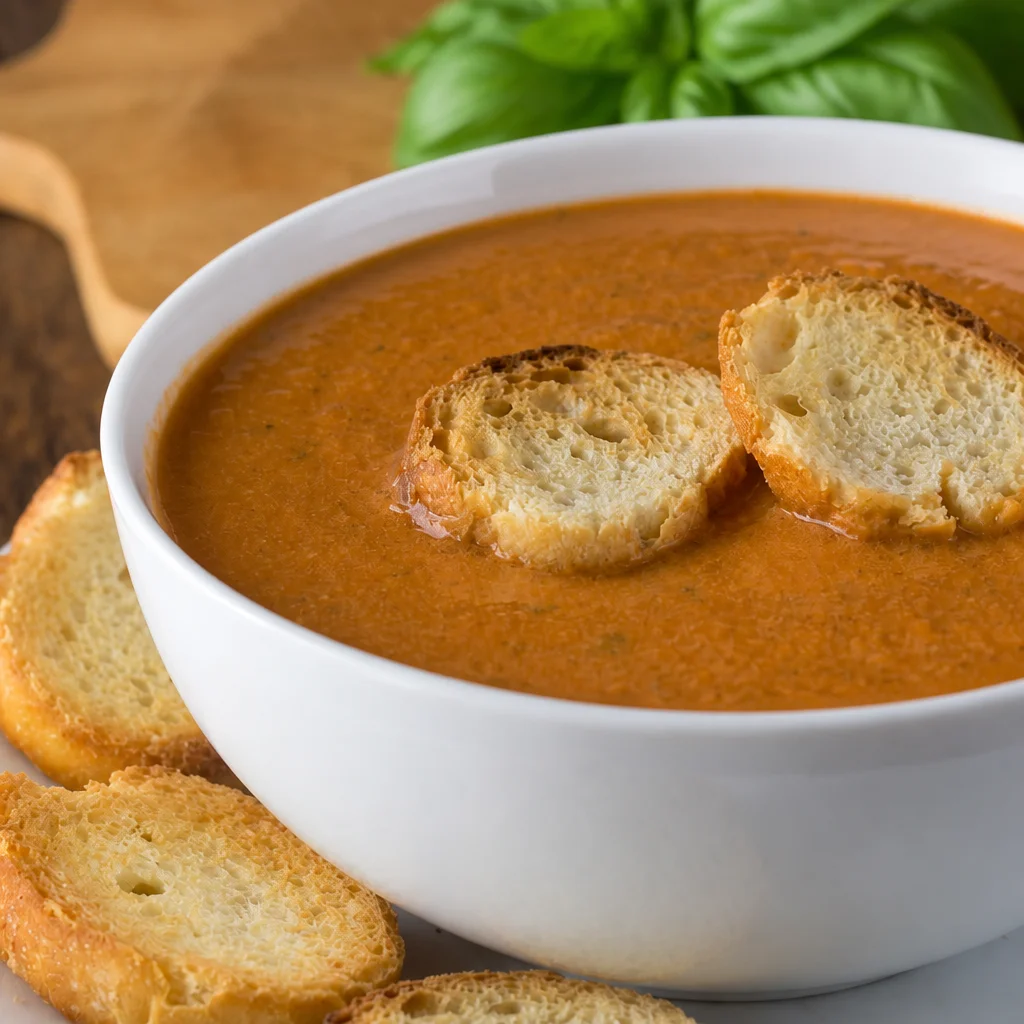 Bowl of creamy Tomato Basil Soup topped with fresh basil and parmesan cheese