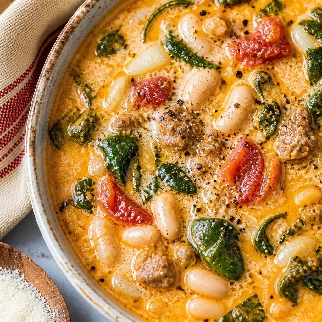 Creamy Tuscan White Bean and Sausage Skillet with spinach and parmesan