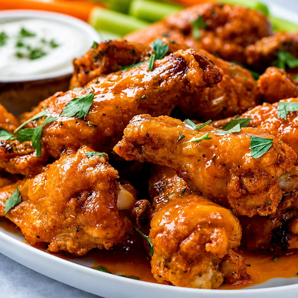 Crispy Baked Buffalo Wings on a platter with tangy sauce