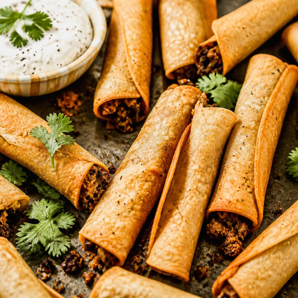 Delicious crispy baked taquitos with cheese served on a plate, perfect for snacking.