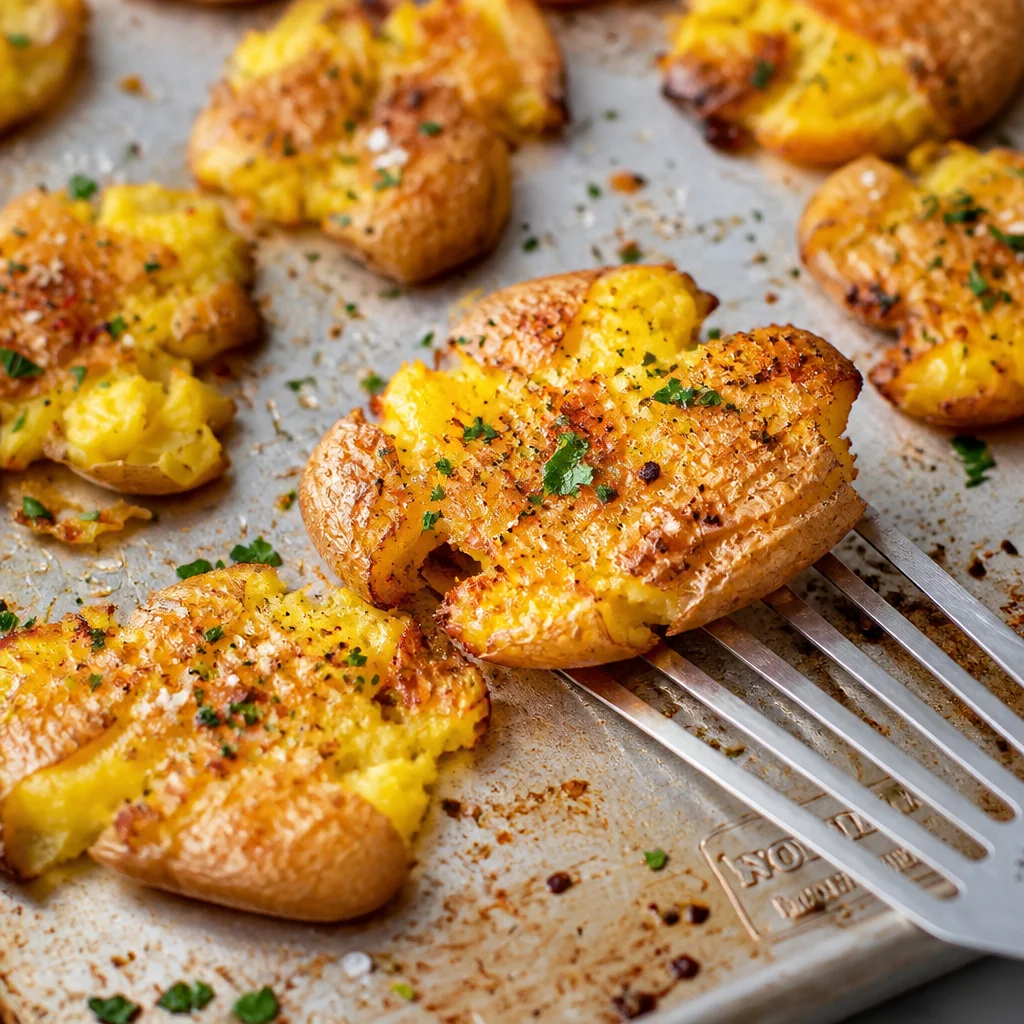 Delicious crispy smashed potatoes with golden edges and fluffy interiors
