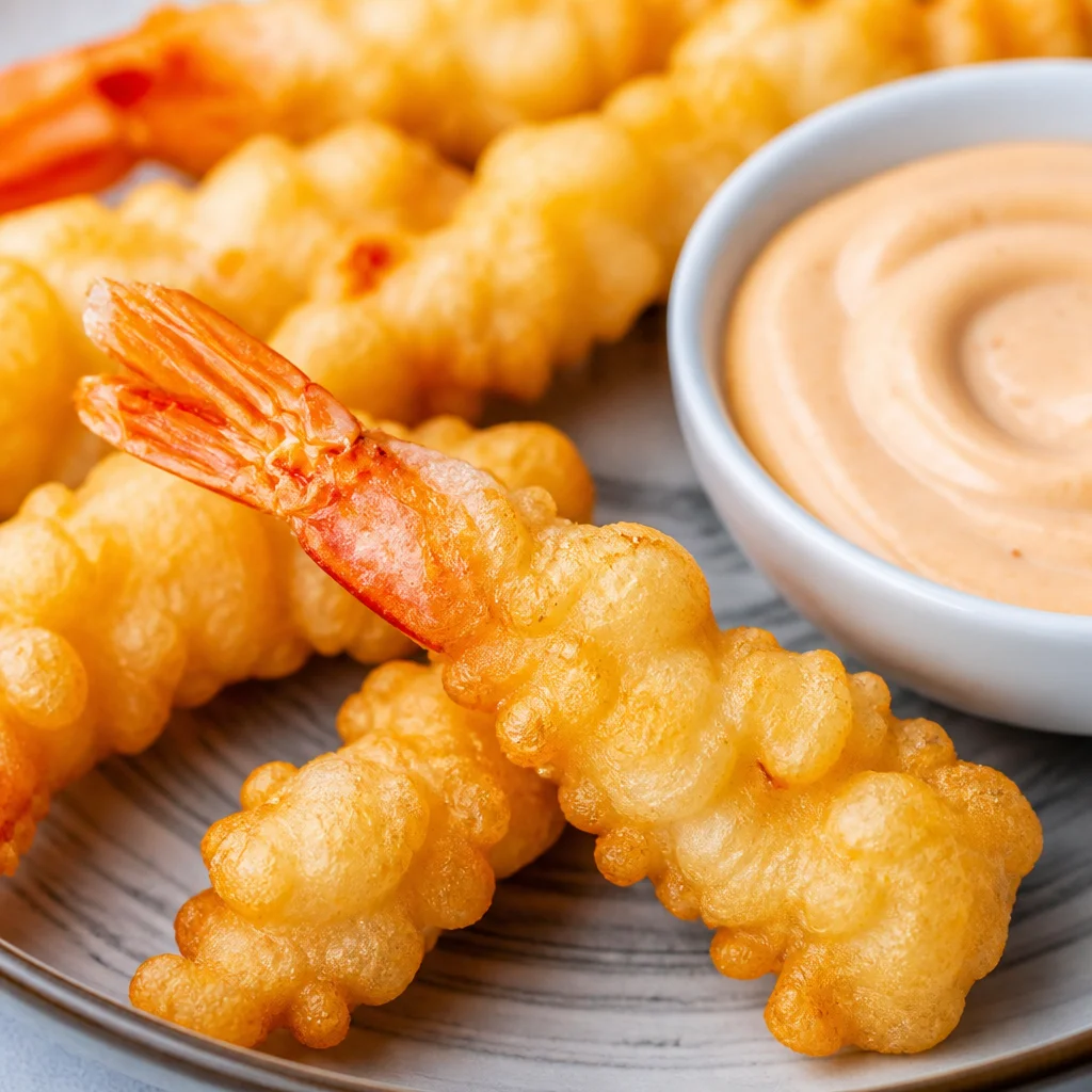 Delicious Crispy Tempura Shrimp with light, flaky batter served with dipping sauce.