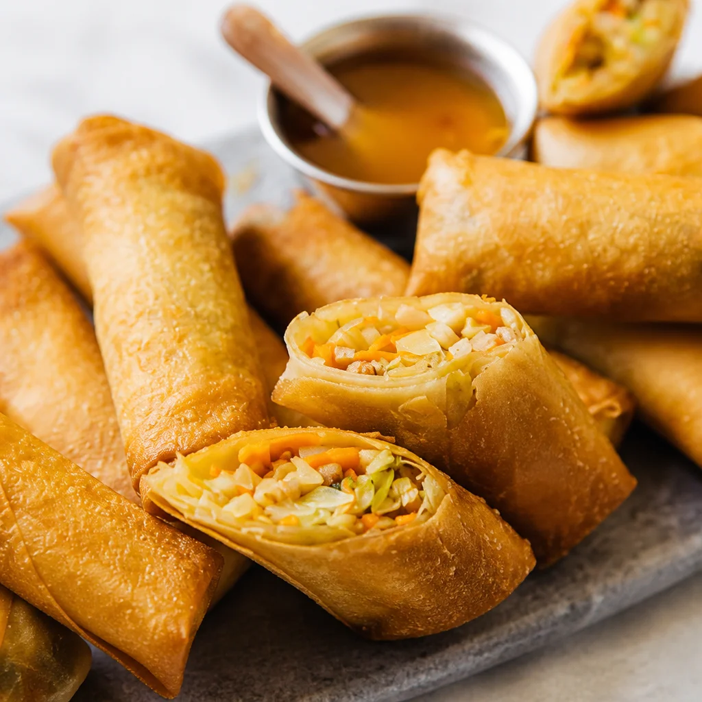 Delicious crispy vegetable spring rolls filled with fresh vegetables and served as an appetizer.